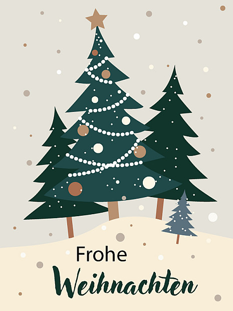 Illustration mit drei dunkelgrünen Tannenbäumen auf einem hellen, schneebedeckten Hügel. Der mittlere Baum ist mit weißen Perlenketten und goldenen Kugeln geschmückt und trägt einen goldenen Stern an der Spitze. Im Hintergrund fallen Schneeflocken, und unten steht in dunkler Schrift ‚Frohe Weihnachten‘.